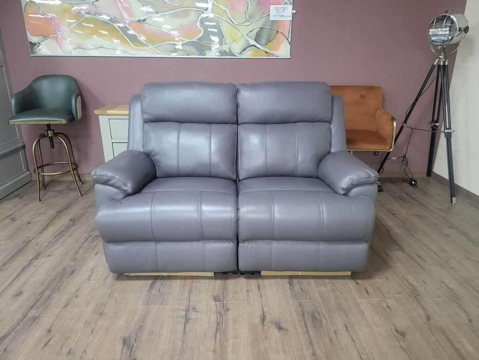 Сиво-лилав кожен диван двойка с ръчен релаксиращ механизъм