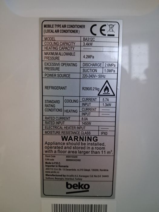 Aparat de aer conditionat portabil Beko BA312C