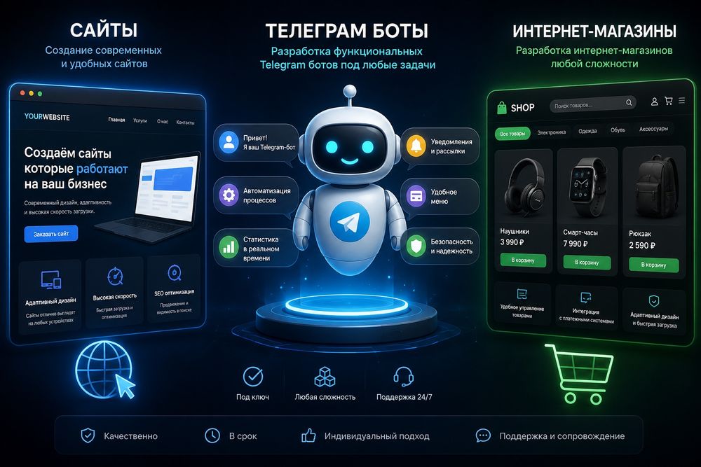 Делаем телеграм ботов сайты и интернет магазины.