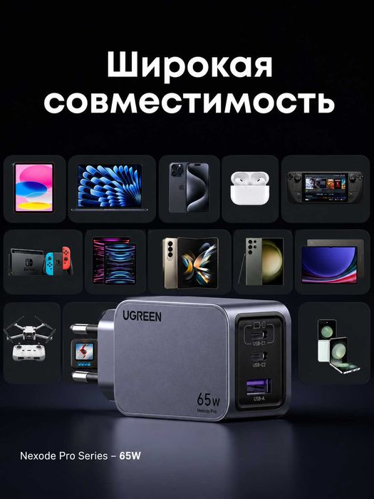 Зарядное устройство UGREEN X755 65W GaN 3 порта быстрая зарядка