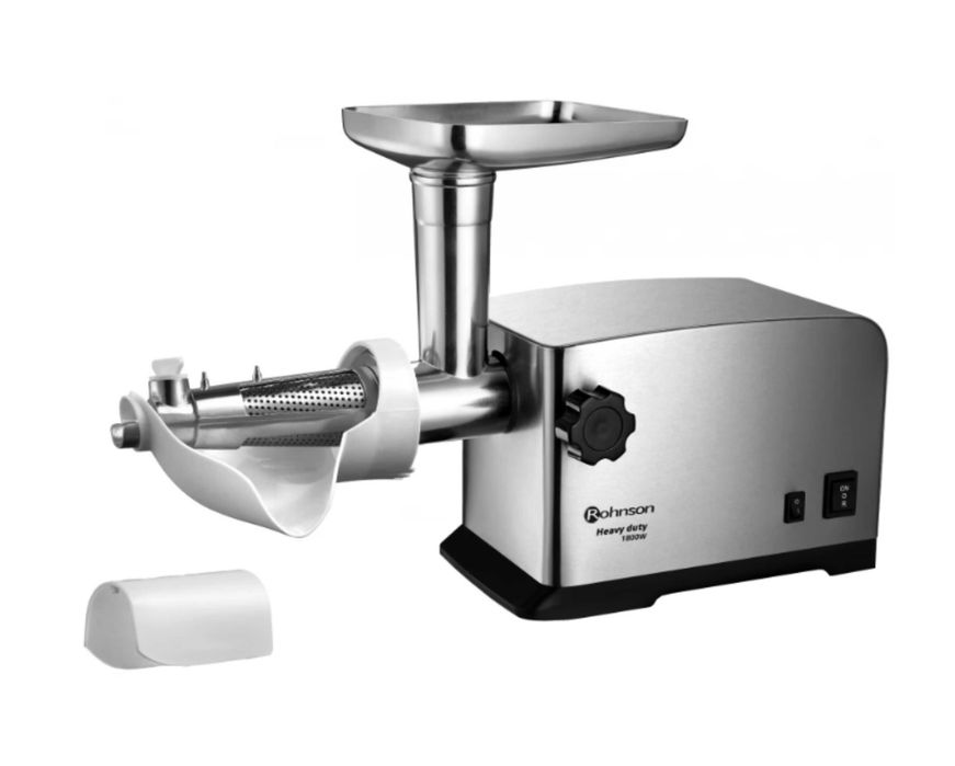Masina de tocat Rohnson R5403, 1800W, functie reverse, 3 site, accesorii de carnati si rosii, Inox