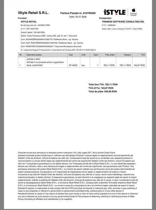 Căști Apple Airpods 4 cu ANC – NOI, sigilate, sunet premium