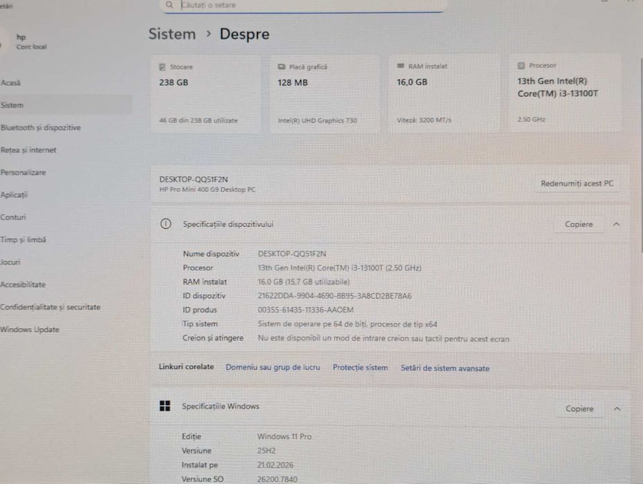 Calculator HP Pro Mini 400 G9, Intel i3 13100T, ram 16 Gb, SSd 256Gb