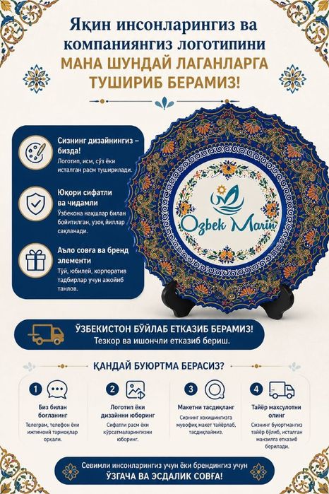 Yaqinlaringiz surati yoki kompaniyangiz logotiplari bizning laganlarda