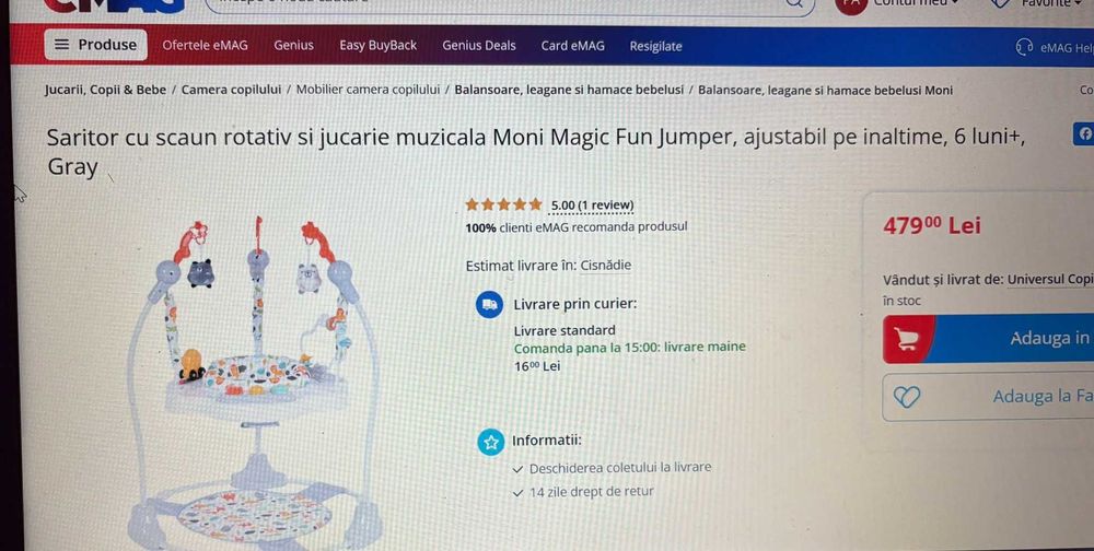Saritor cu scaun rotativ si jucarie muzicala Moni Magi