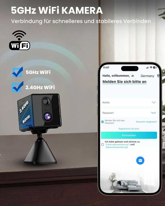 Mini cameră, cameră de supraveghere interioară 5G WiFi, cameră de supraveghere interioară, stocare gratuită în cloud, cameră cu baterie