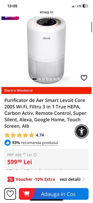 Purificator de Aer Smart Levoit Core 200S Wi-Fi, Filtru 3 in 1
