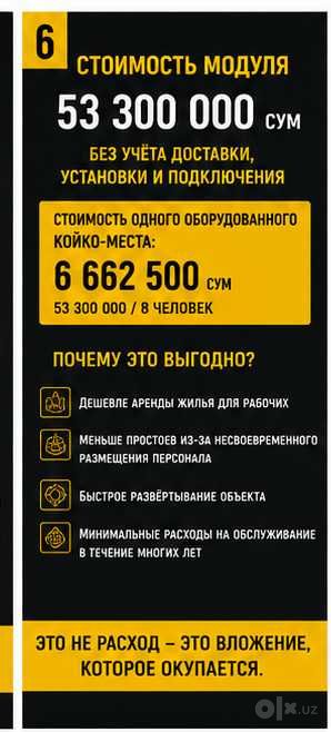 Оборудованный  Модульный жилой блок для строителей на 8 человек