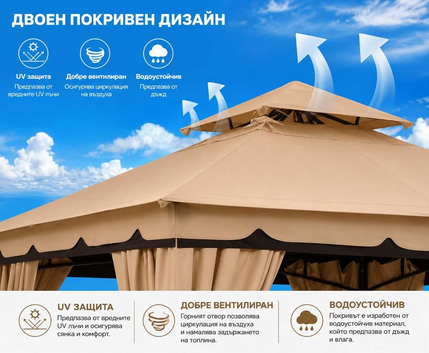 Луксозна градинска шатра със завеси 335х335см или 300х300см