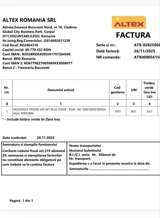 Iphone Air 17 Blue 256GB Nou