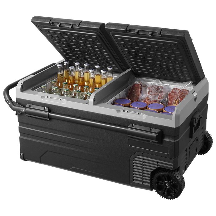 Frigider auto cu compresor 95 L, doua zone, racire -20 pana la 20 C, 12/24V si 100-240V, cu roti si maner, pentru camping si acasa