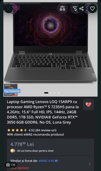 Laptop gaming Lenovo LOQ 24 GB RAM / RTX 3050 6GB / 144Hz - Garantie
