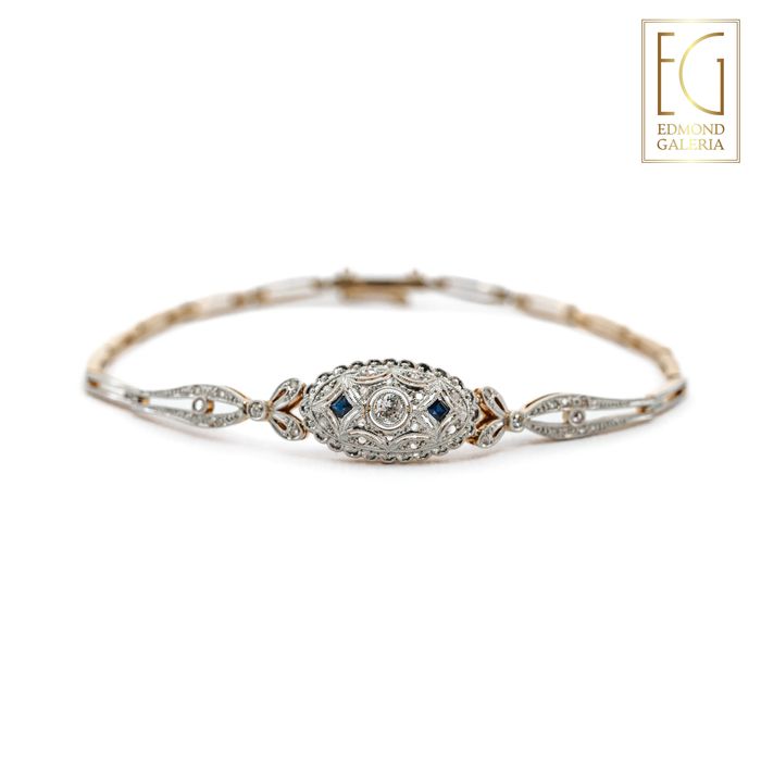Brățară Art Deco din aur bicolor, cu diamante și safire de sinteză