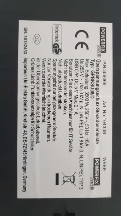 Разклонител с 8-контакта,USB и защита от пренапрежение 3500W  Powerfix GPBKSU08