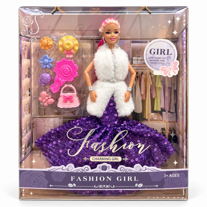 Кукла Fashion Girl с лилава рокля, пухкава бяла наметка, чанта и модни