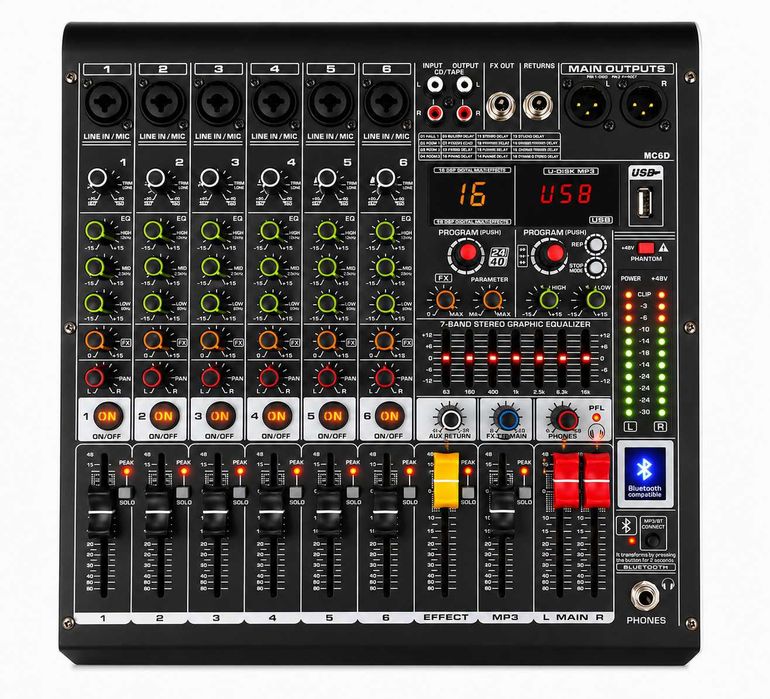 Mixer audio 2 X 450W 6 canale Stereo canal 16 Efecte DSP Bluetooth USB cu amplificator
