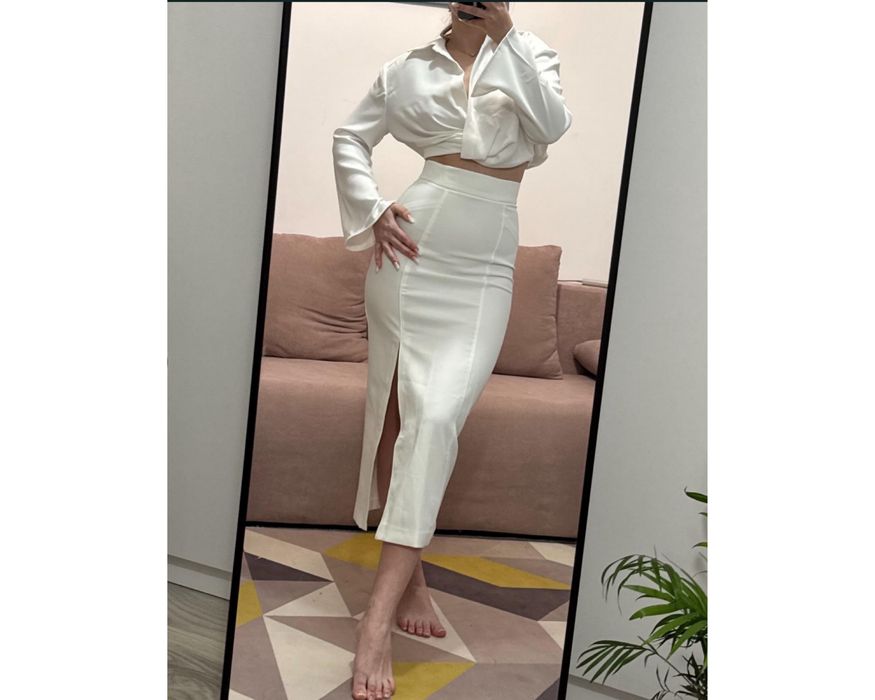 Compleu / set / costum alb fusta midi cu slit camasa scurta Zara S
