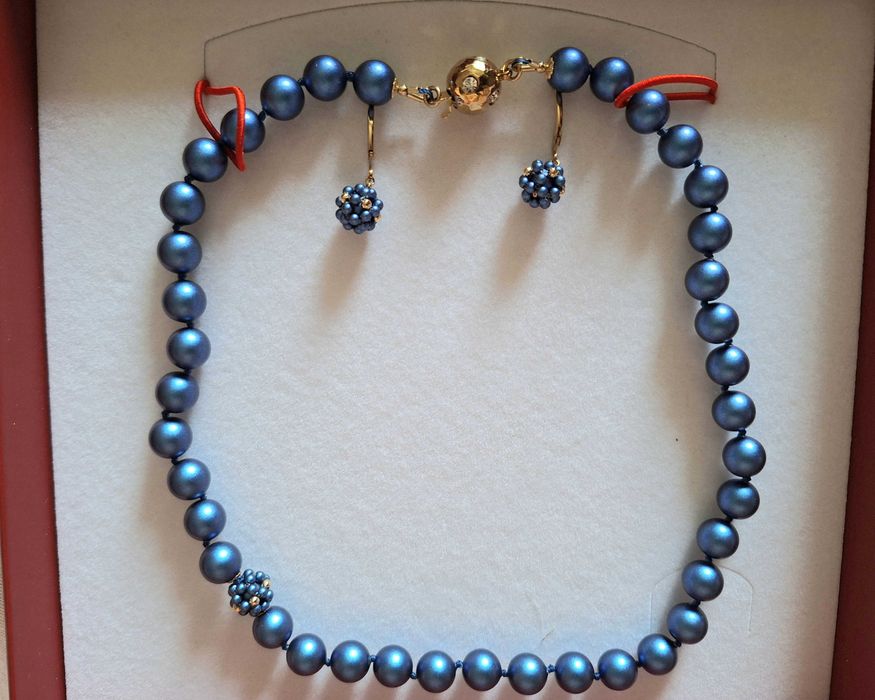 Colier si cercei perle albastre cu aur filat