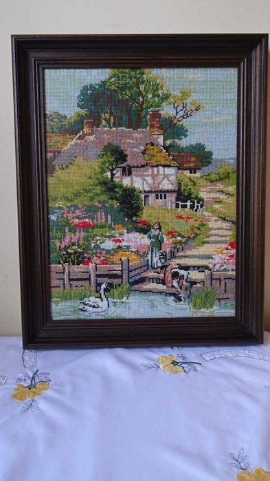 Гоблен, голям „Край реката “, едър бод кръстче, дебел памучен конец.