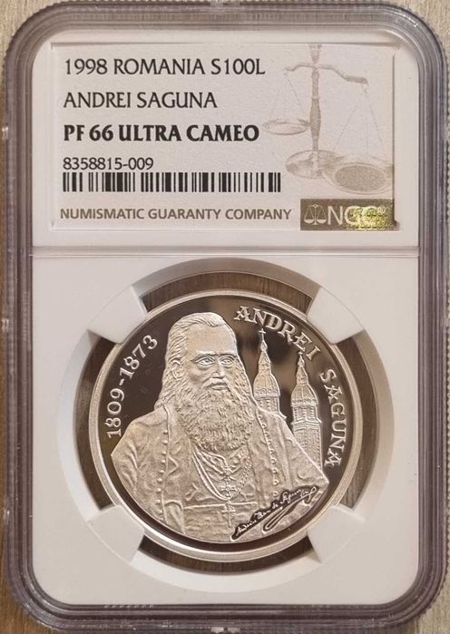 Moneda BNR 100 lei argint Andrei Saguna gradata NGC PF 66 UC
