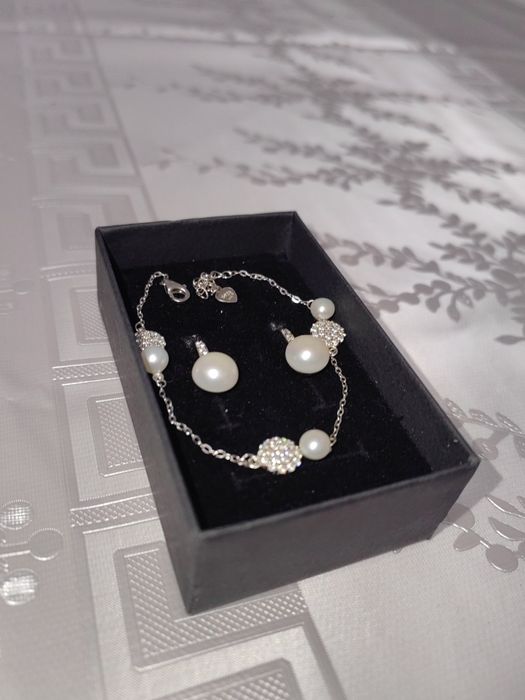 Set argint cercei brățară cu perle + cutie cadou