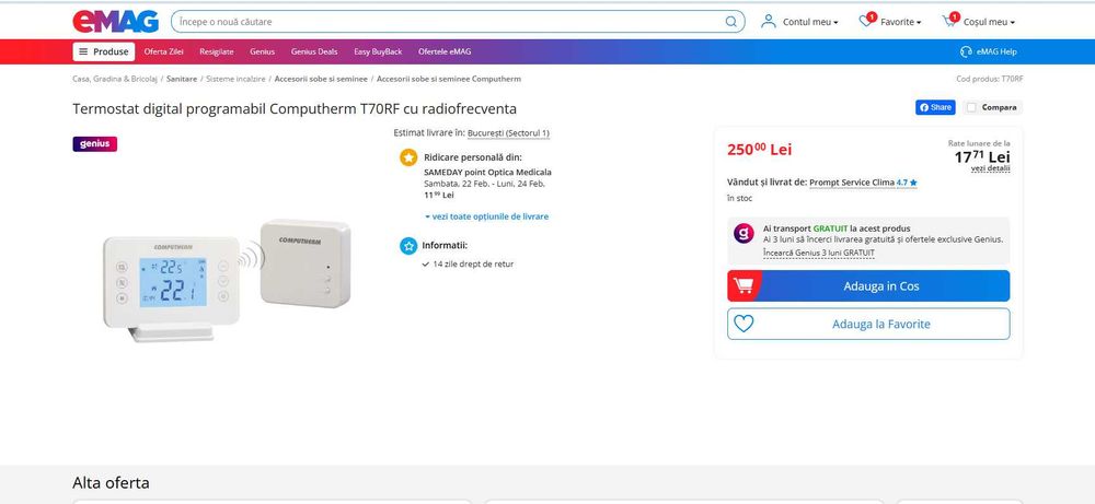 Termostat digital WiFi Computherm T70RF Baza+Termo, REDUS de la 250RON