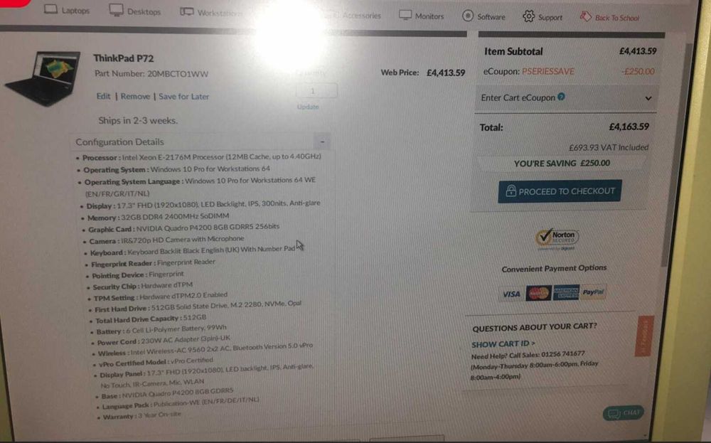 Laptop Lenovo ThinkPad P72 IntelXeon E-2176 32GB RAM Quadro P4200 8Gb