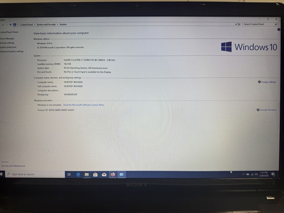 Laptop sony vaio sve171 17inc ssd 256 16gb rami