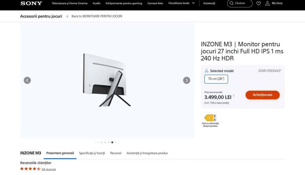 Monitor gaming  Sony Inzone M3 240 Hz dedicat consola jocuri PS5