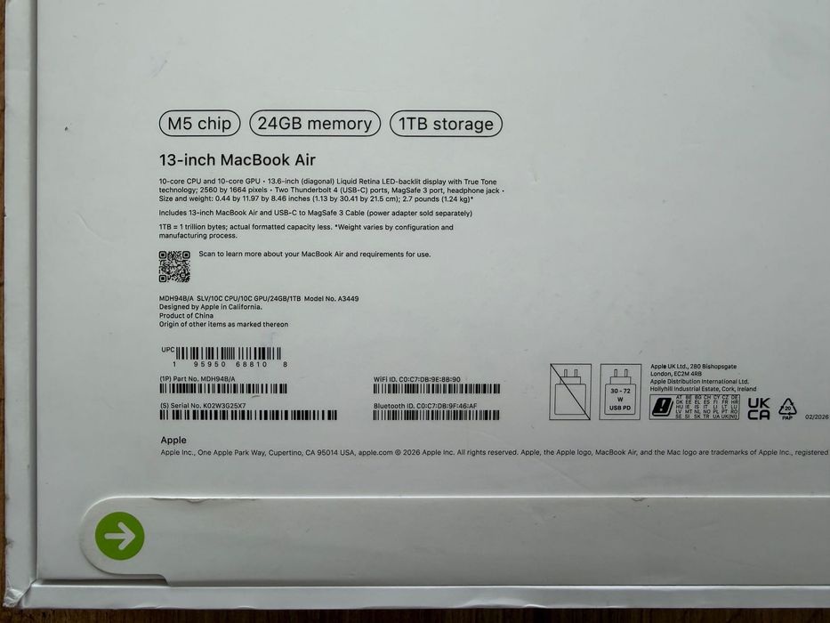 ЧИСТО НОВ MacBook Air 13" M5 Chip 10-CPU, 10-GPU, 24GB RAM, 1TB SSD