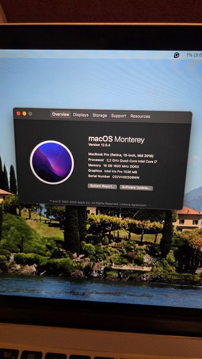 Macbook Pro 2015 mid Intel Core i7 2.2Ghz 16gb DDR, 256gb Hard