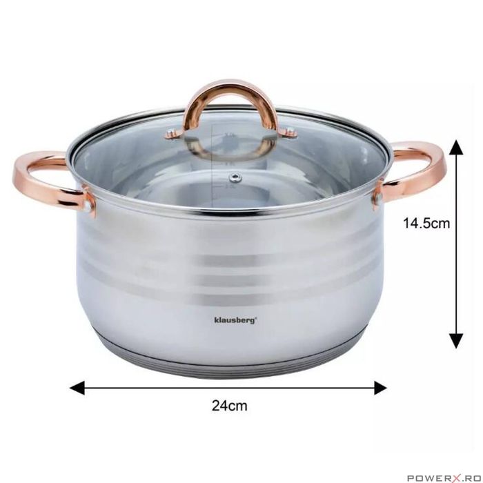 Set 12 piese inox, cu capac din sticla, 5 oale si o tigaie, gri, roze,