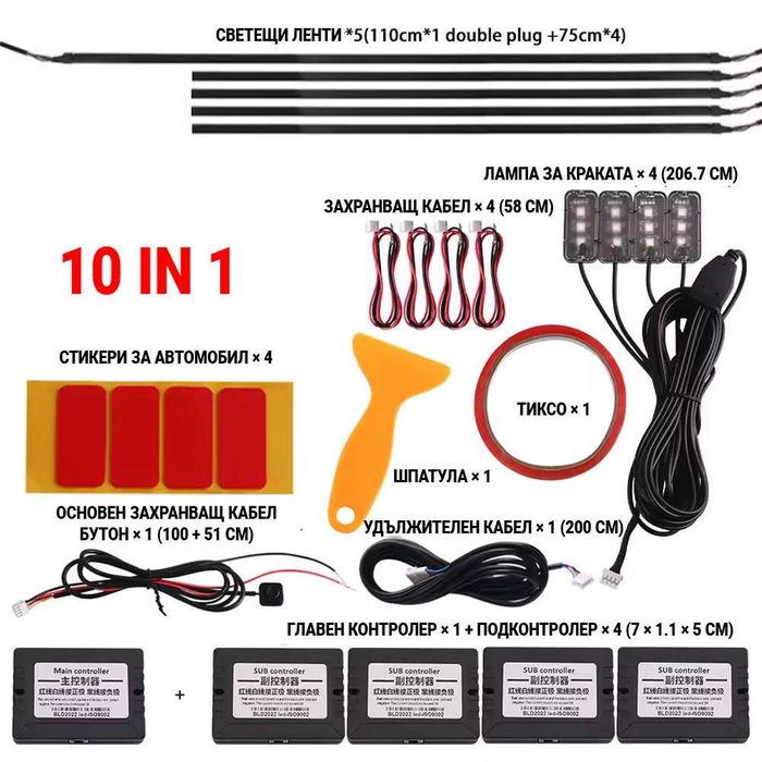 Система за LED амбиентно осветление за автомобили с RGB 64 цвята, 10в1
