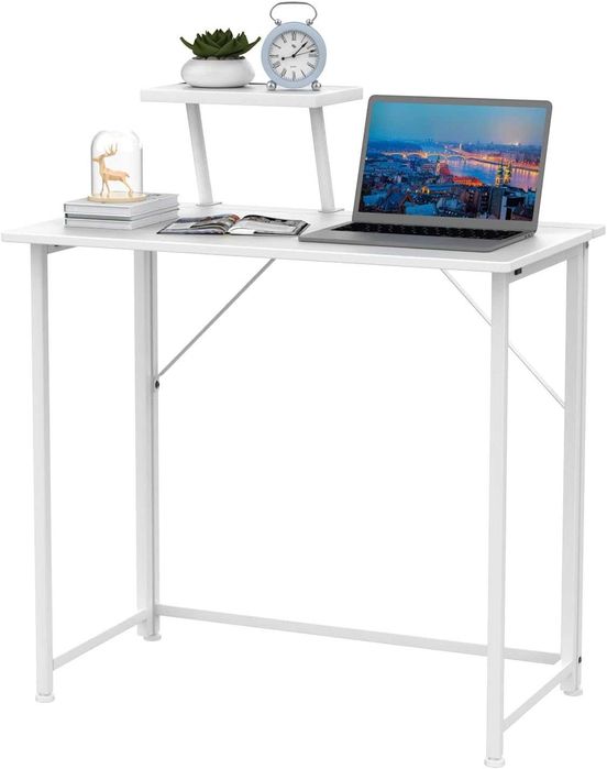Сгъваема маса със стойка за монитор, бяла, компютърна 80 x 45 x 75 см,
