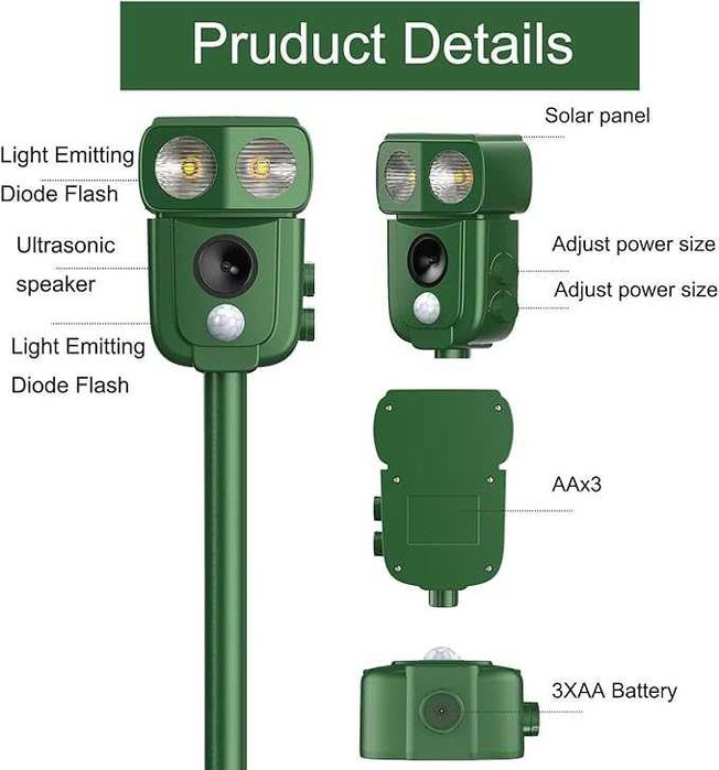 IP66 Соларен ултразвуков репелент, водоустойчив срещу диви животни
