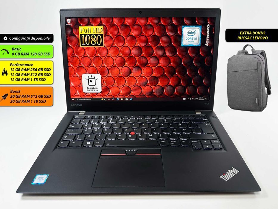 Laptop Lenovo Thinkpad T470s Intel i5 12 gb ram 1tb ssd Ecran 14 inch Full HD Gama business Carcasa magneziu Ultraslim Factura si Garantie 1 an