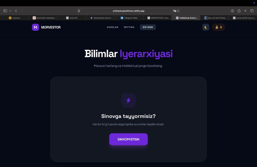 Ta’lim platformasi: Onlayn darslar + O‘yinlar + To‘lov tizimi.