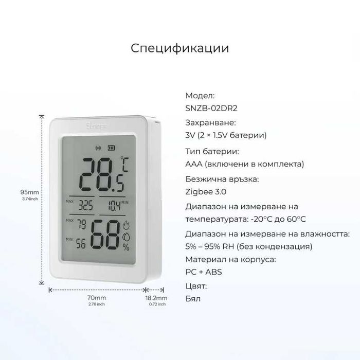 SONOFF SNZB-02DR2 – Смарт Zigbee сензор за температура и влажност с 3.6″ LCD дисплей
