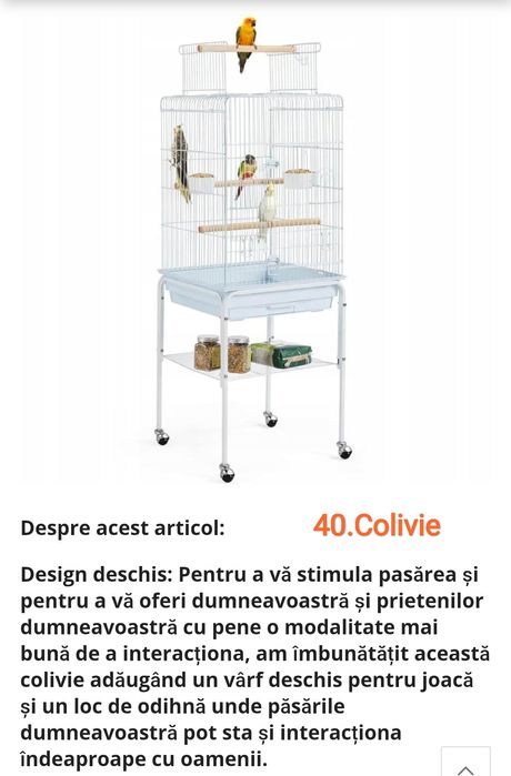 Colivie metalică pentru păsări mici, cu suport detașabil, 129 cm