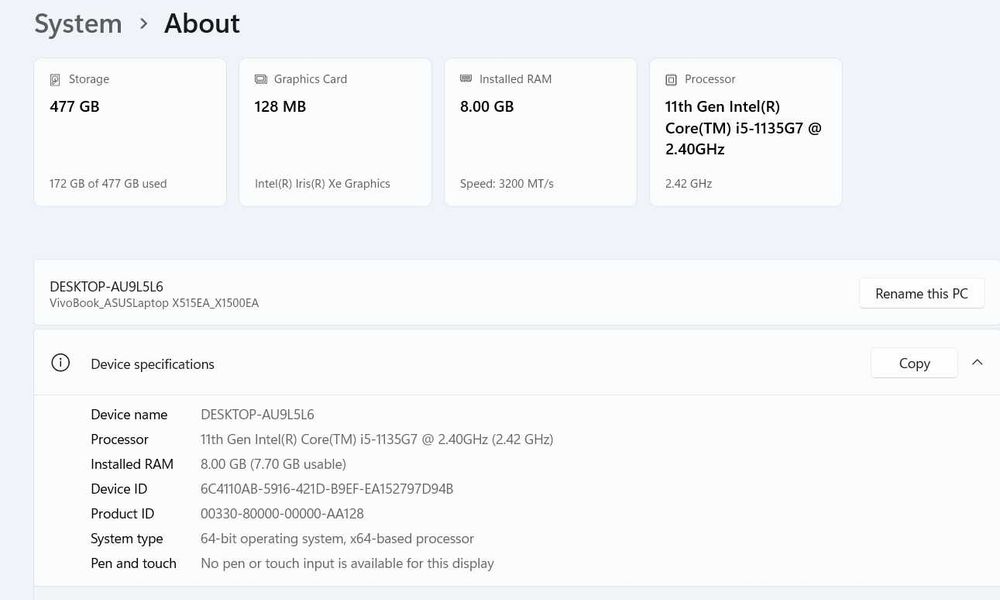 Laptop ASUS i5, VivoBook, 8 GB RAM, SSD 512