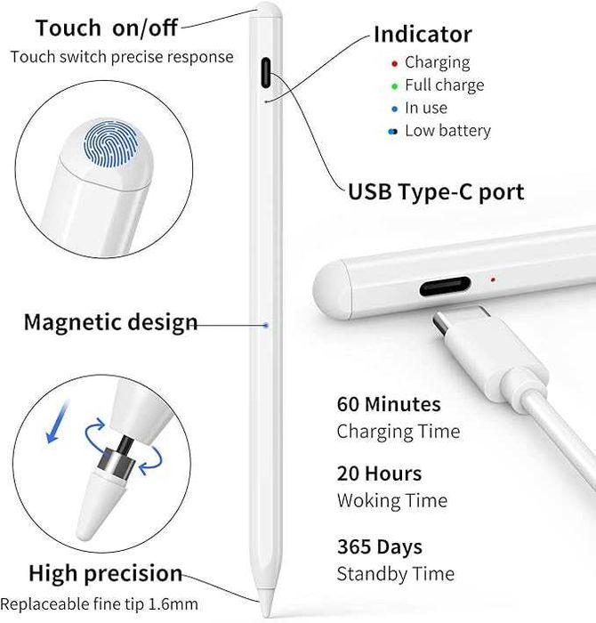Стилус, съвместим с iPad, LEZUN Stylus 1.5 мм за Android iOS Stylus