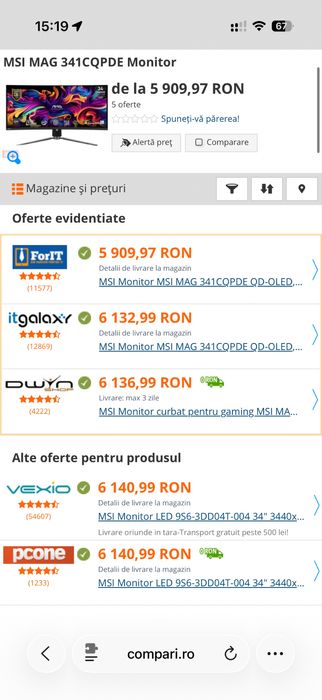 Monitor curbat NOU QD-OLED 34.2 MSI MAG 341CQPDE (garantie 2 ani emag)