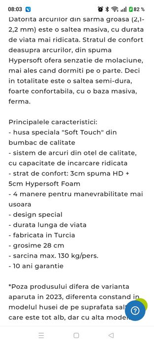 Saltea pat 180/200 Cloud cu arcuri și spumă Turcia