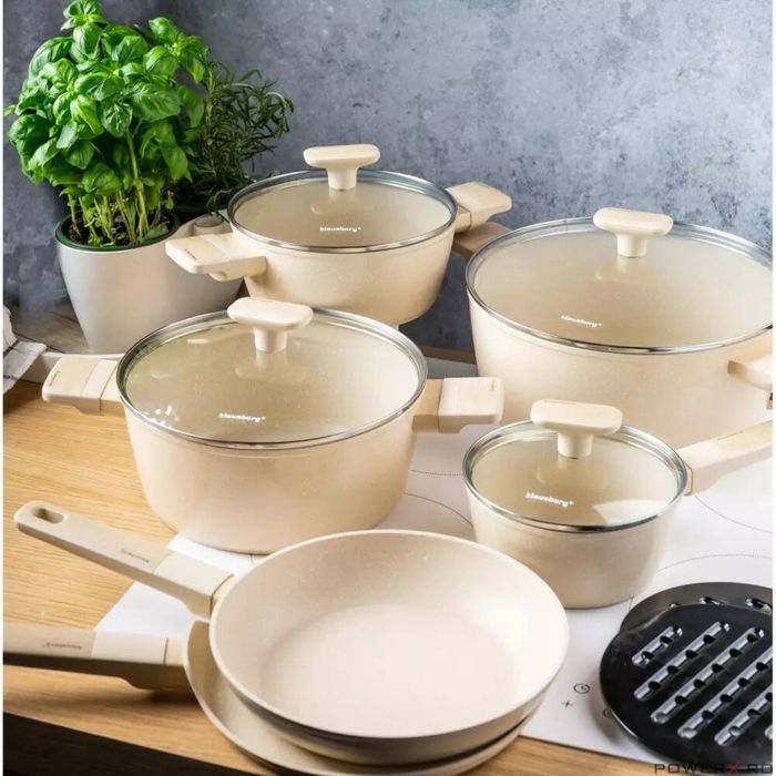 Set 4 oale si 2 tigai cu strat antiaderent, bej, 12 piese, capac