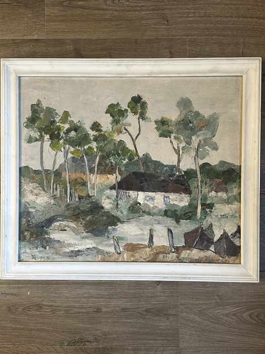 Tablou Vasile Lazarescu 1985 ulei pe panza peisaj rural casa rama 53x63cm`