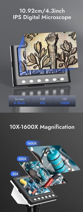 Дигитален микроскоп DM9, 50-1000X, 4.3" LCD 720P HD, 8 Led lights