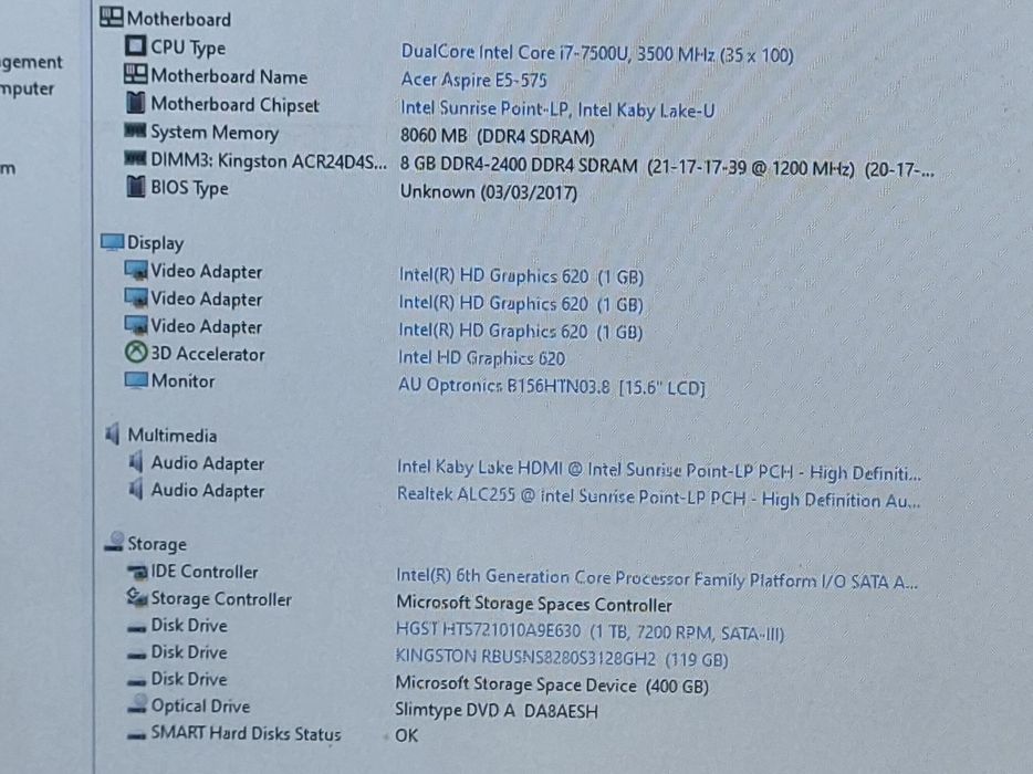 vand laptop Acer Adpire E5 575,.15,6"FH.i7 7500.8 Gb.Ssd 128 Gb si Hard de 500 Gb