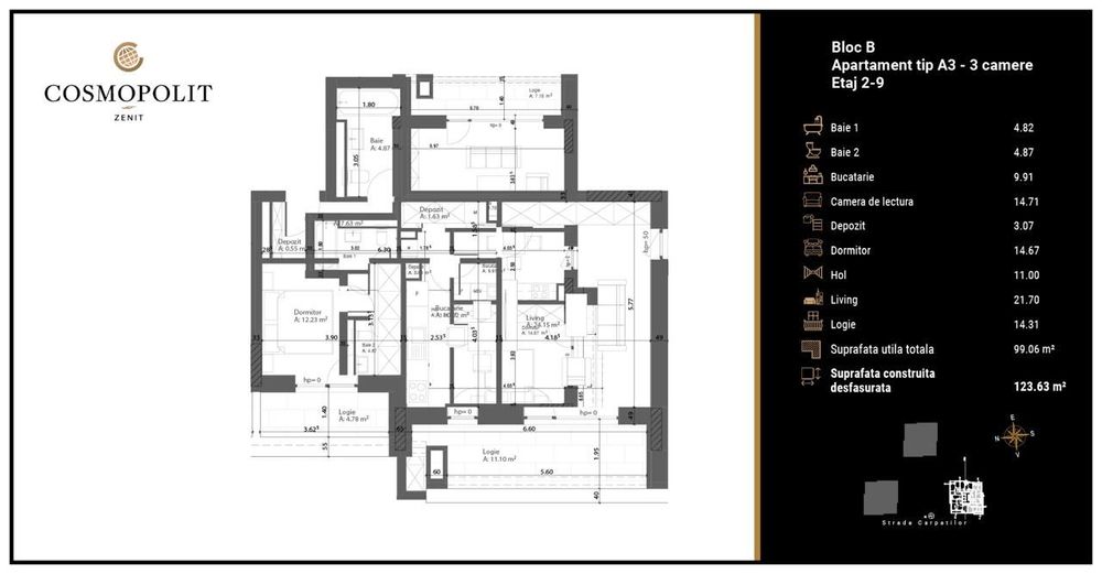 Apartament de 3 camere spațios - Bloc A, etaj 11