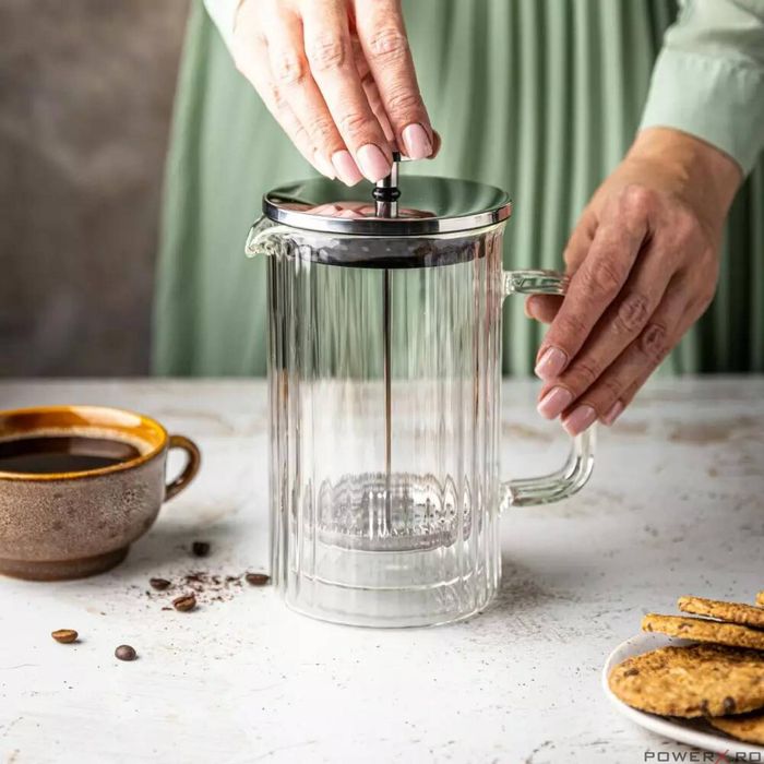 Infuzor cafea, ceai cu piston si capac argintiu, sticla, 1 L,