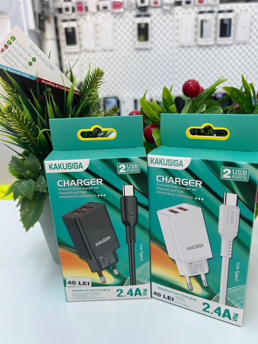 Set Incarcator Retea Kakusiga 2xUSB + Cablu Date Type C, 1m